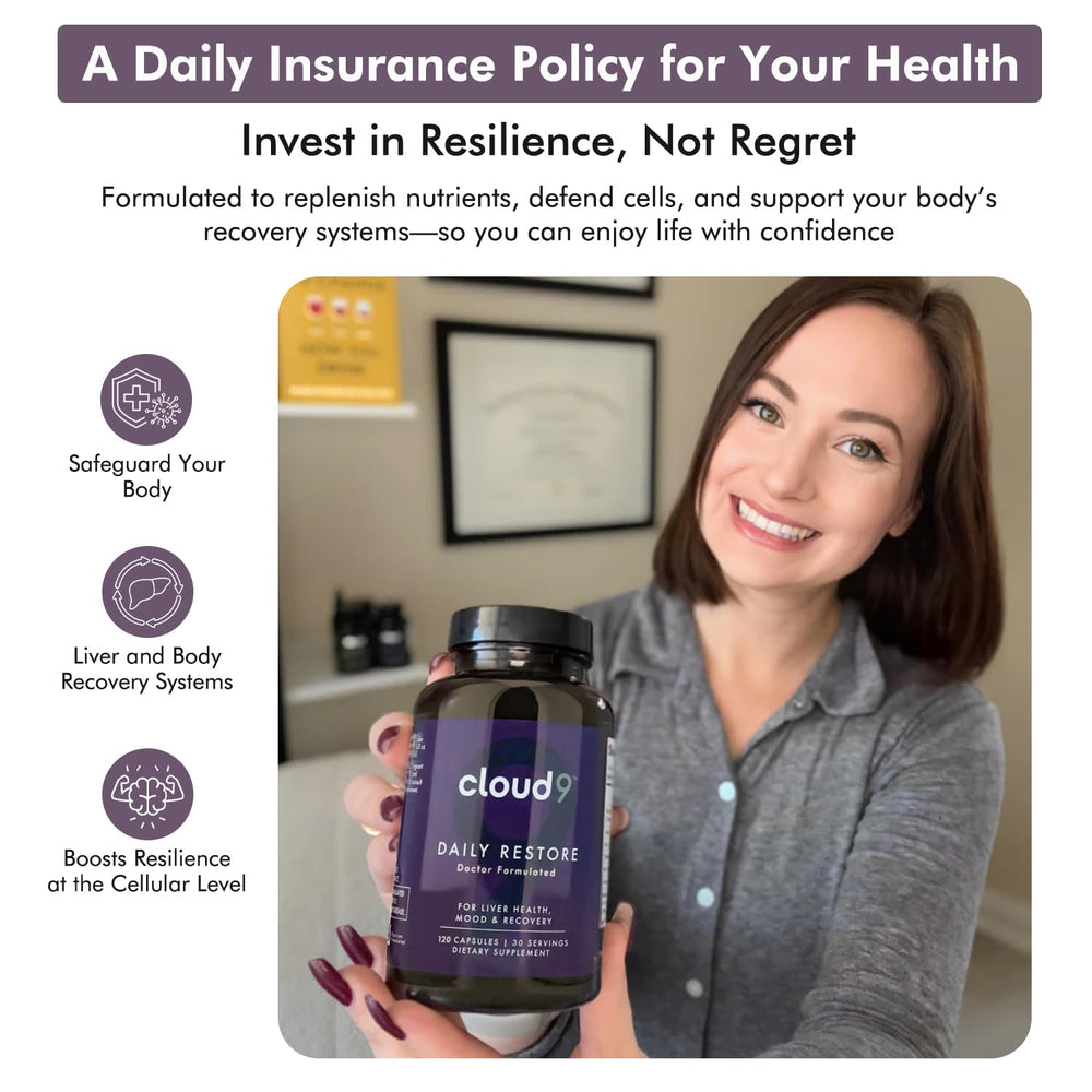 Cloud9 Daily Restore ingredient visualization featuring milk thistle and DHM for antioxidant support