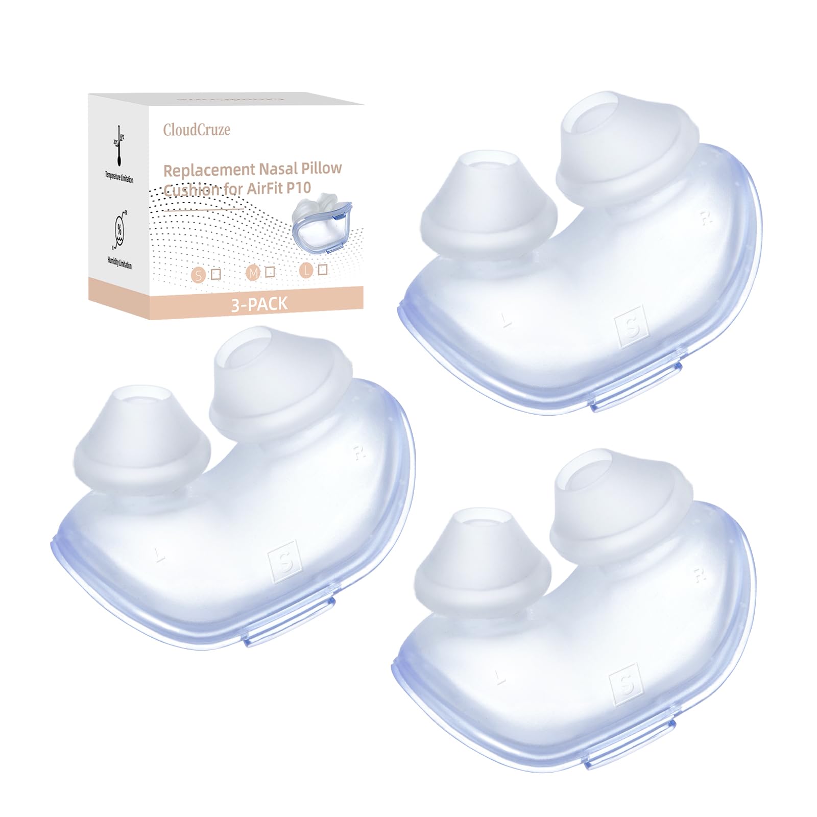 CLOUDCRUZE 3-pack nasal pillow cushion for AirFit P10, secure, comfortable fit.