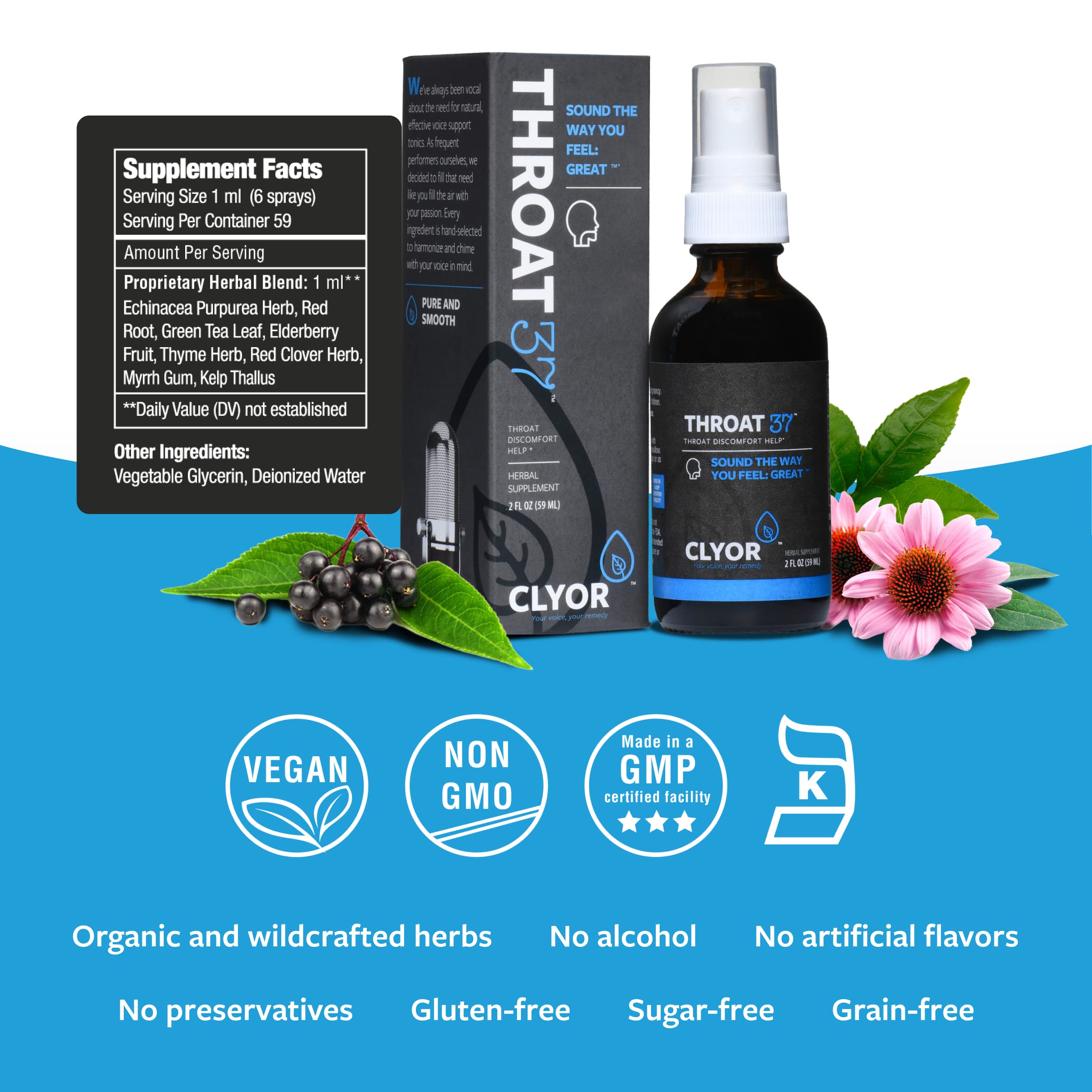 CLYOR Throat37 organic herbs blend close-up illustrating natural soothing power.