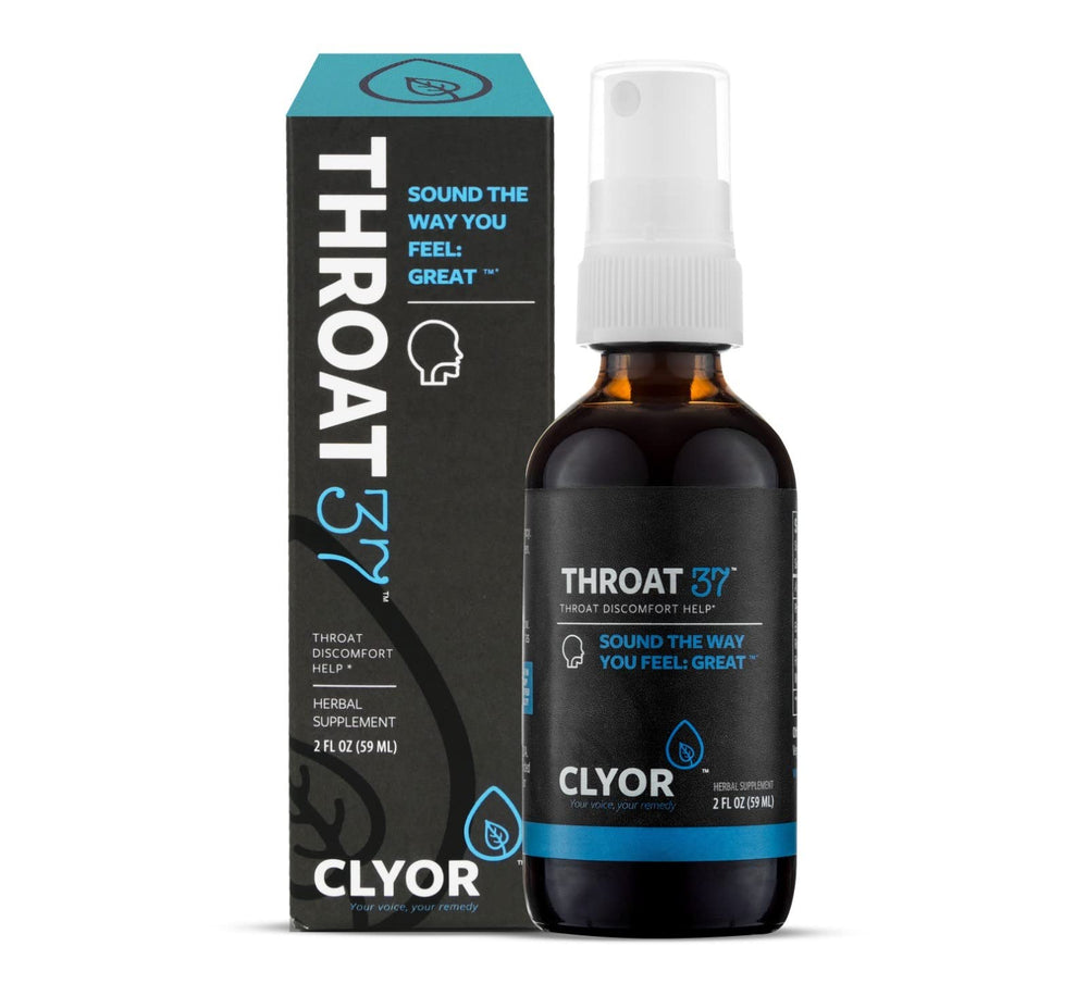CLYOR Throat37 spray bottle front view for rapid throat comfort.