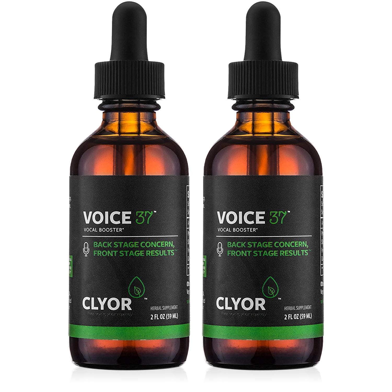 CLYOR Voice37 bottle front label shows natural herbal formula for singers.