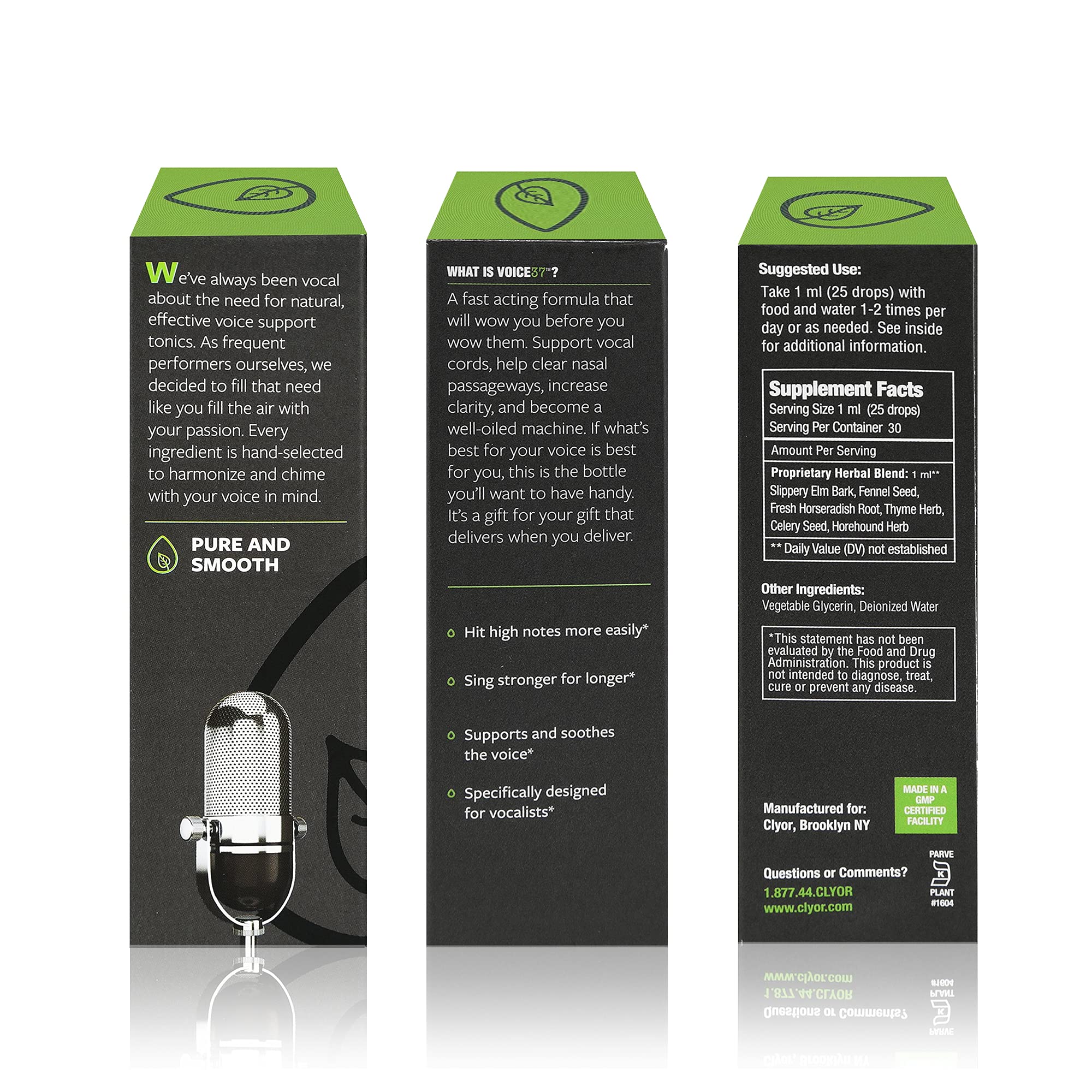 CLYOR Voice37 packaging closeup highlights all-natural ingredients.