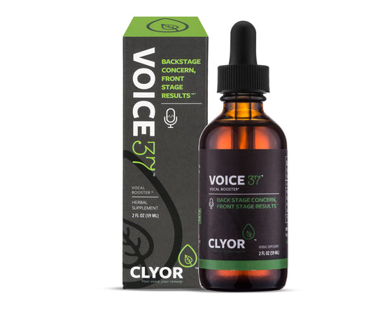 CLYOR Voice37 bottle on desk, soothing aid for singers before practice.