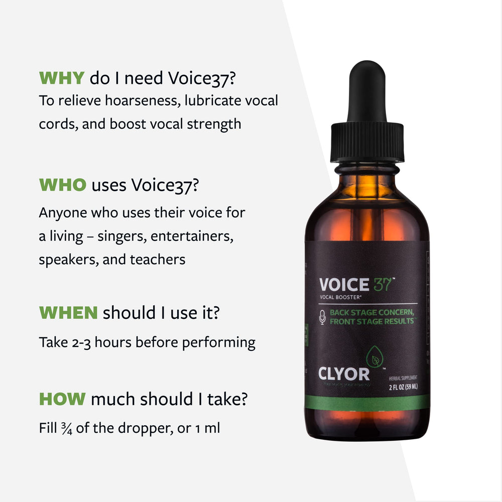 CLYOR Voice37 bottle beside tea, pleasant pre-show ritual.
