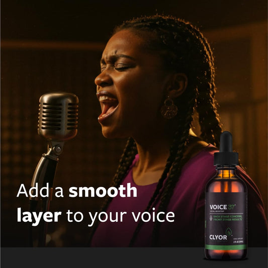 CLYOR Voice37 close-up label, all-natural herbs for vocal comfort.