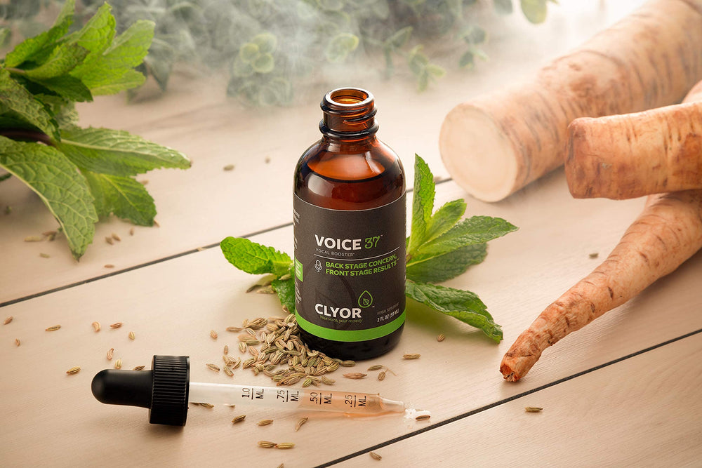 CLYOR Voice37 herbal blend illustration emphasizes natural ingredients.