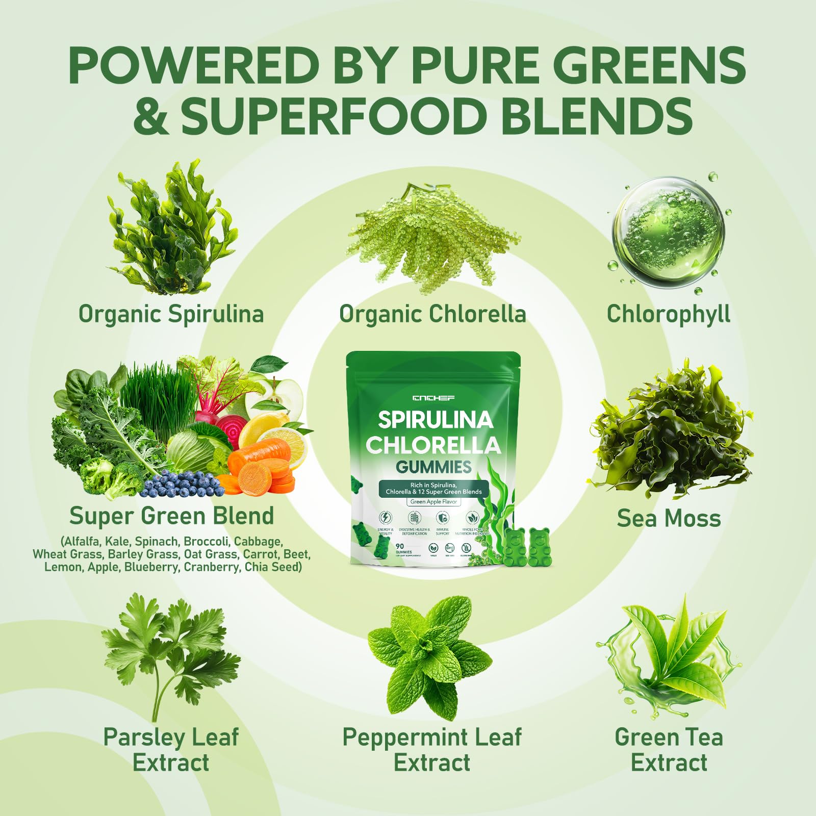 CNCHEF 12 greens blend graphic highlighting antioxidant-rich ingredients.