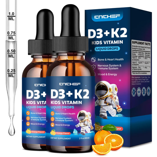 CnCHEF D3K2 kids orange bottle pour demonstrates easy daily serving for growing children.