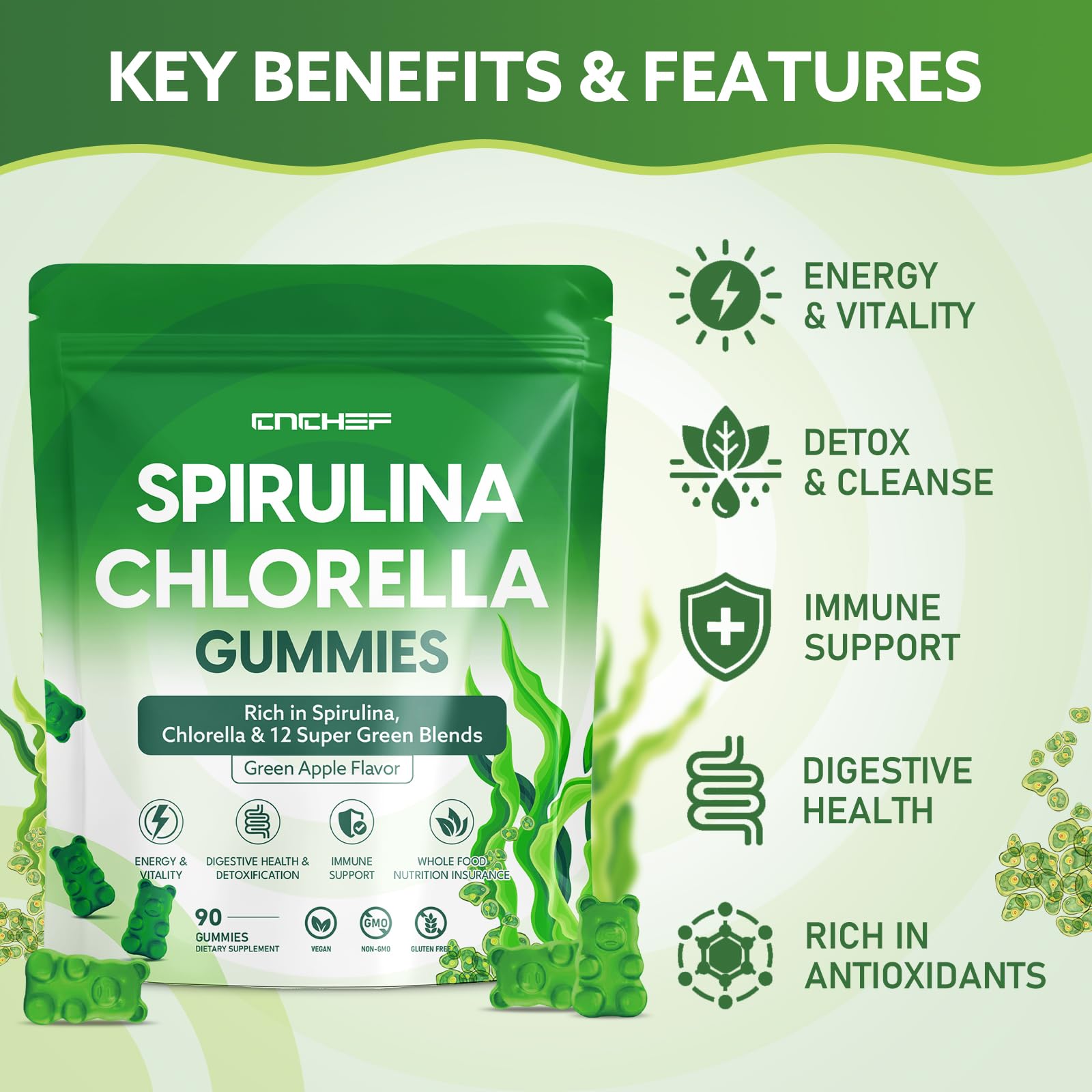 CNCHEF green apple gummies pack offers a flavorful, sugar-free bite.