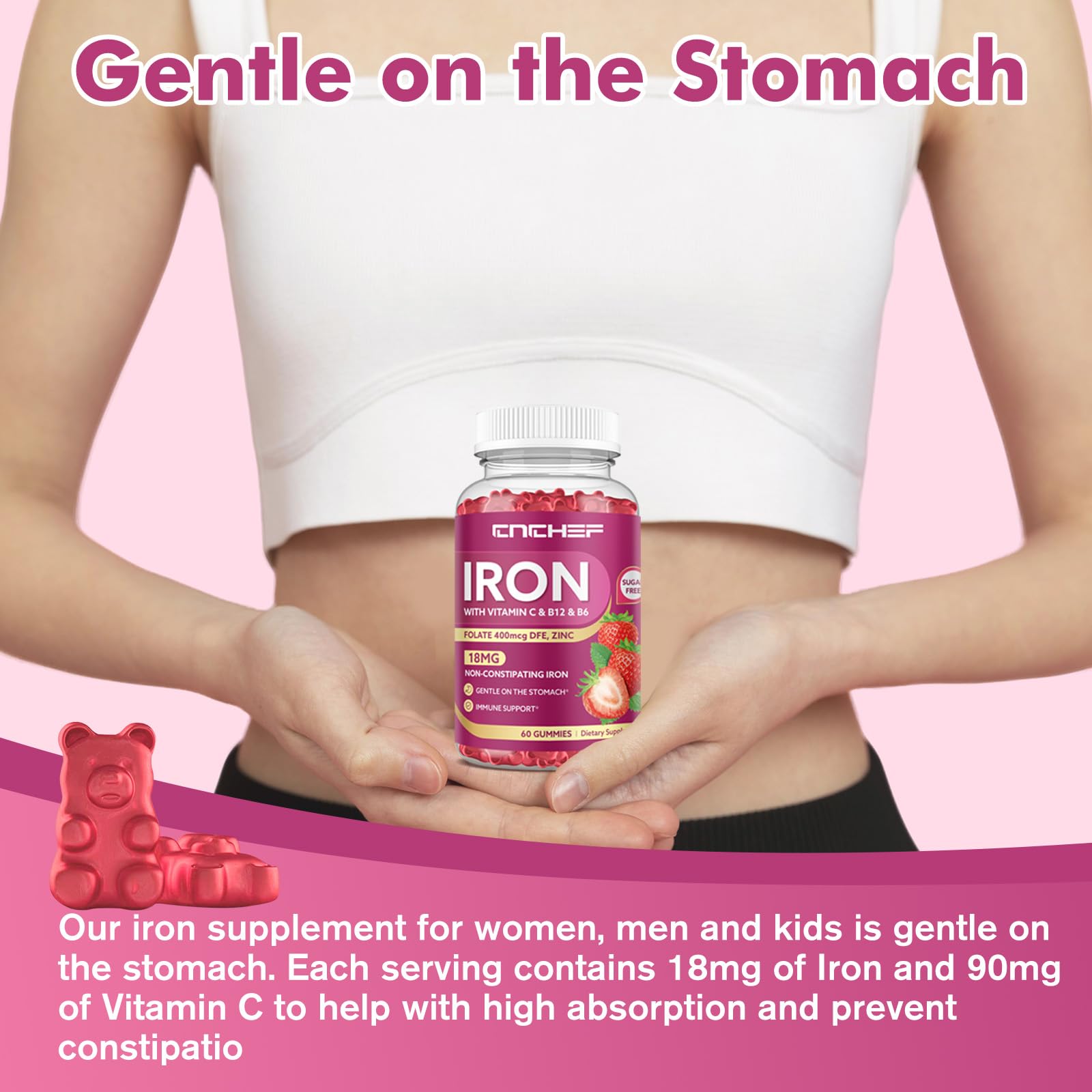 CNCHEF Iron Gummies nutrition panel showing 18 mg iron per serving.