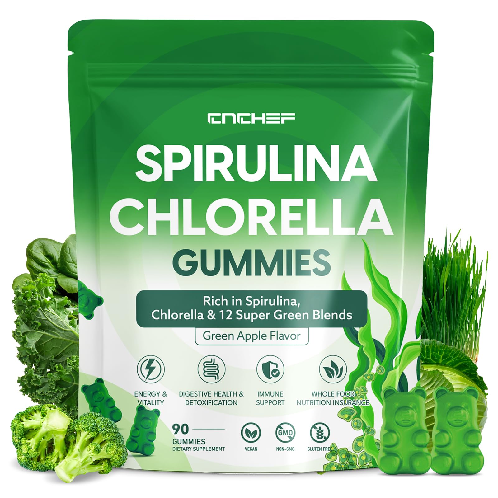 CNCHEF Organic Spirulina & Chlorella Gummies bottle emphasizes energy support.