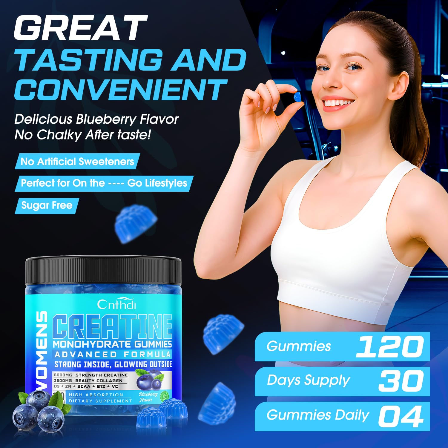 CNFHDI Creatine Gummies label lists vitamin D3 and zinc for overall wellness