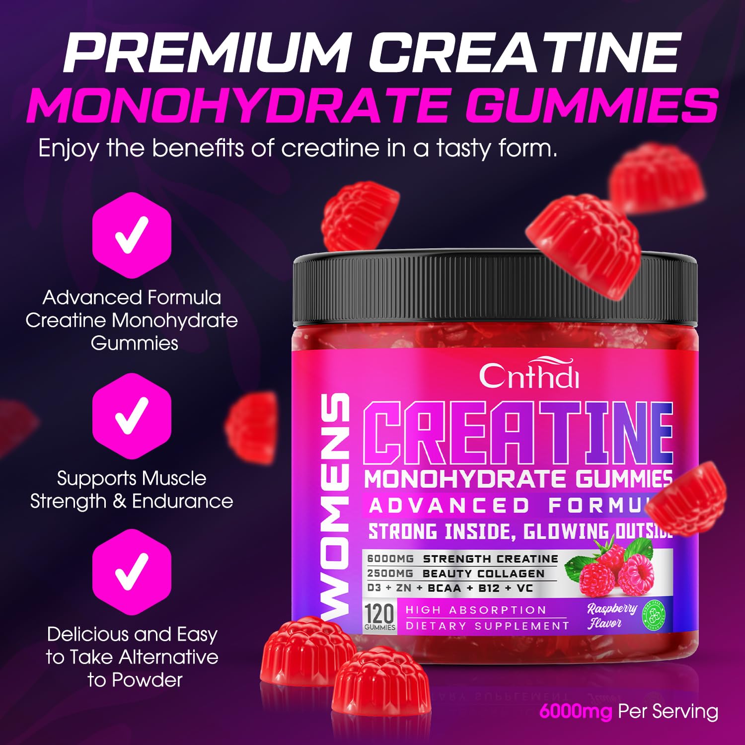 CNFHDI Creatine Monohydrate Gummies closeup highlights raspberry flavor and chewy texture