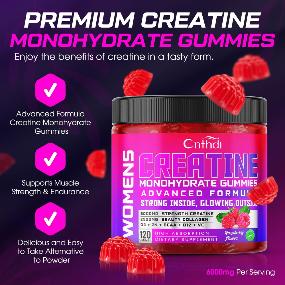 CNFHDI Creatine Monohydrate Gummies closeup highlights raspberry flavor and chewy texture