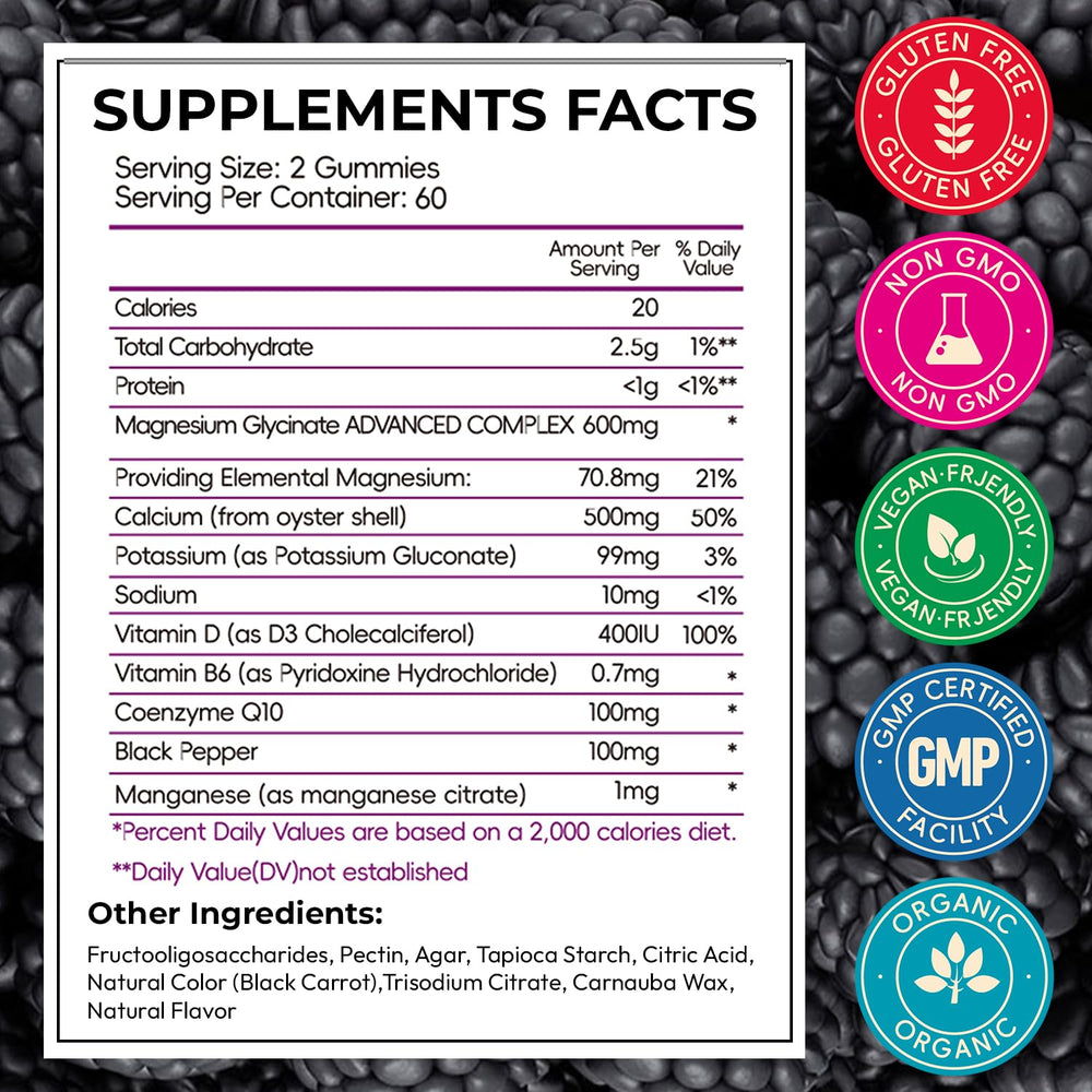 CNFHDI Magnesium Glycinate Gummies bottle back shows nutrition facts for daily support.