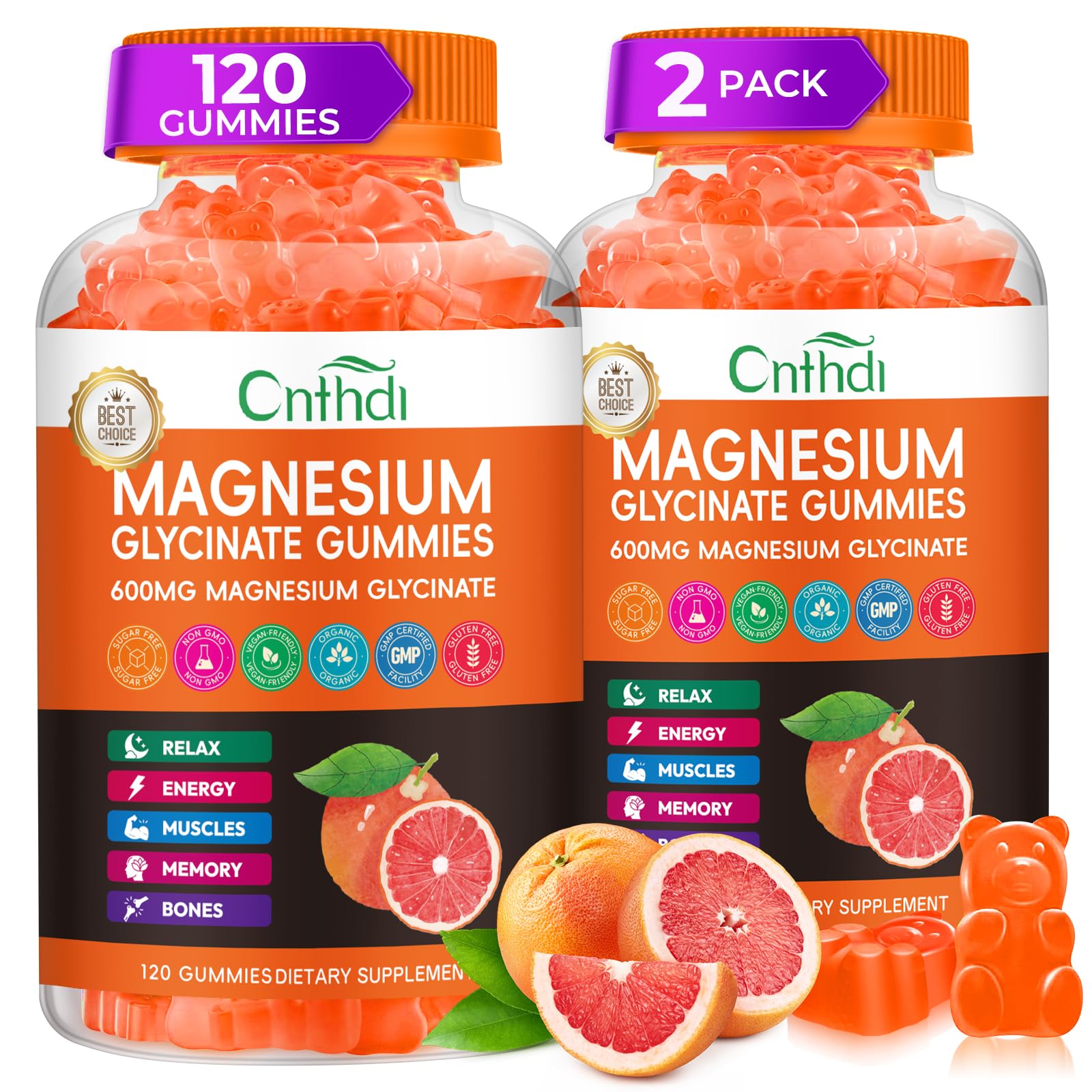 CNFHDI magnesium glycinate gummies bottle with grapefruit flavor for nightly relaxation