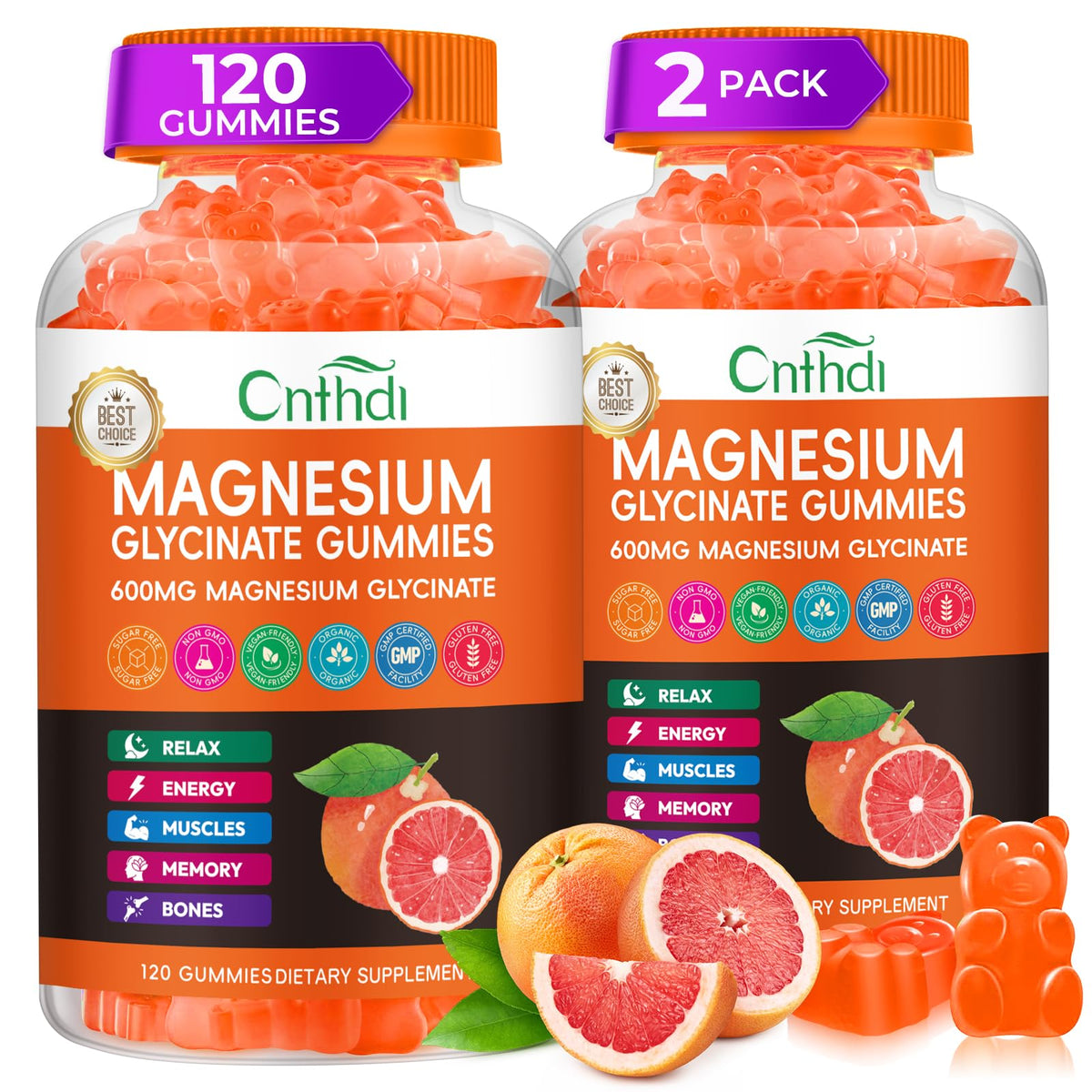 CNFHDI magnesium glycinate gummies bottle with grapefruit flavor for nightly relaxation