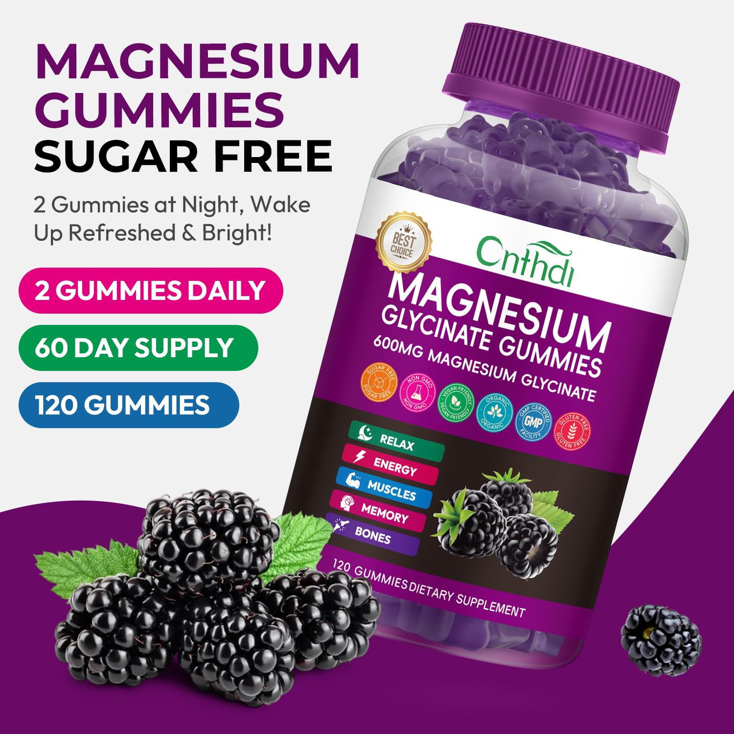 CNFHDI Magnesium Glycinate Gummies closeup of blackberry flavor for tasty daily use.