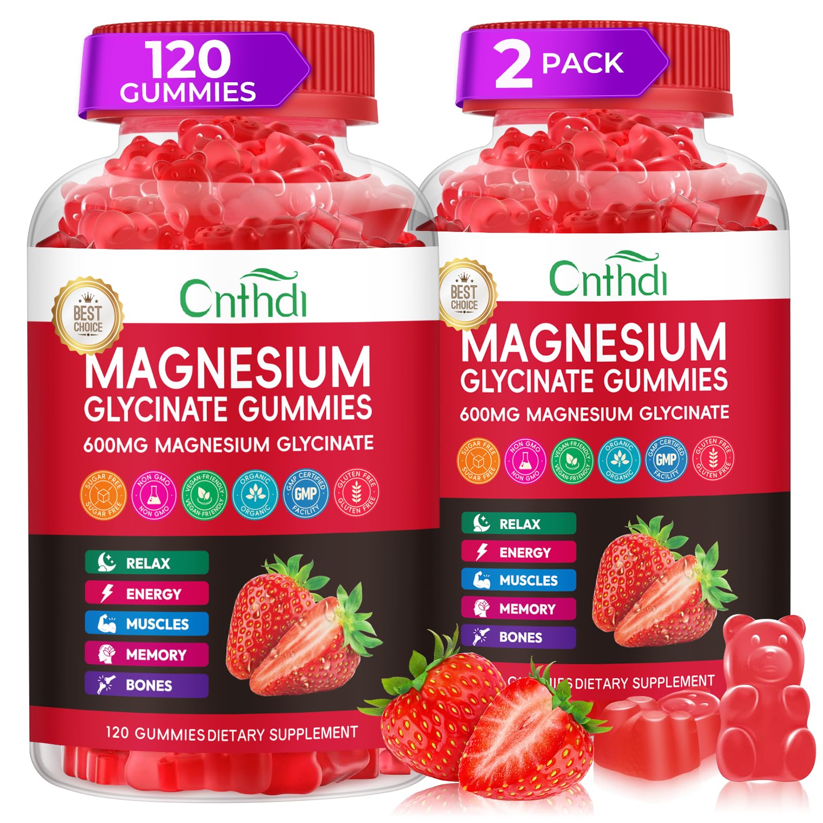 CNFHDI magnesium glycinate gummies strawberry bottle showcases a sugar-free daily relaxation option