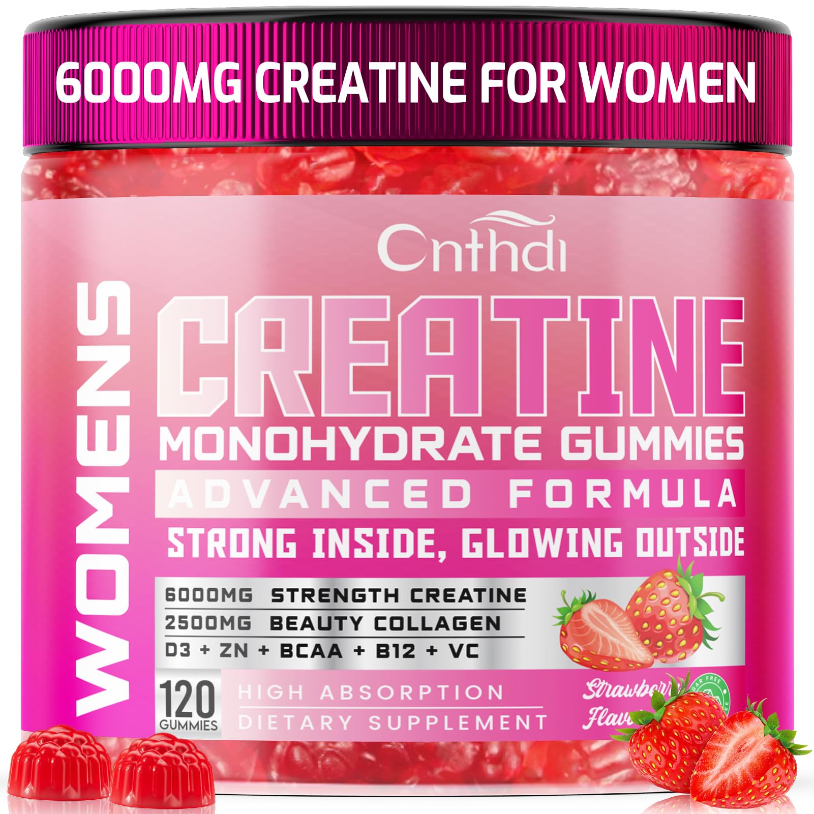 CNFHDI Creatine Gummies packaging highlights a sugar-free, gluten-free formula for convenient workouts.