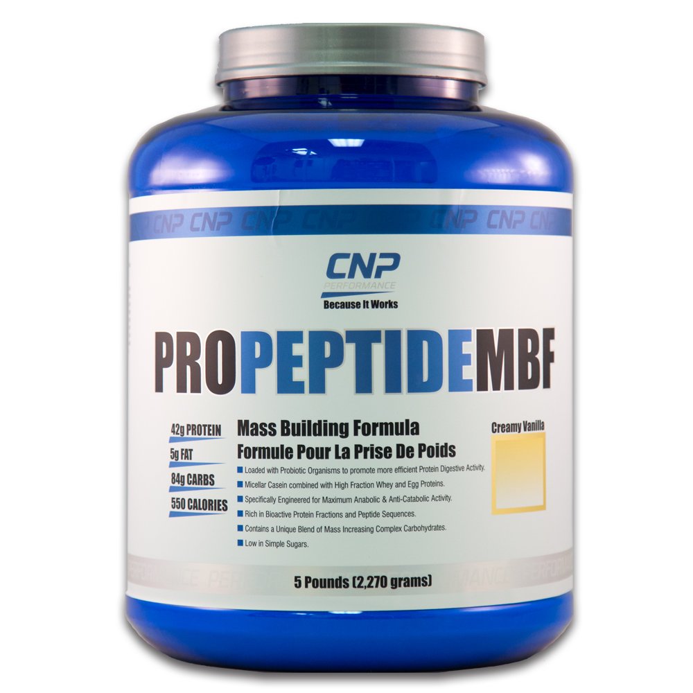CNP Performance ProPeptide MBF vanilla bottle showcases mass-building protein power