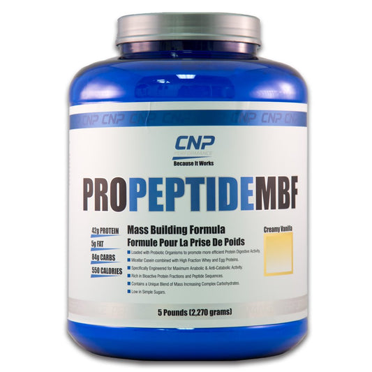 CNP Performance ProPeptide MBF vanilla bottle showcases mass-building protein power
