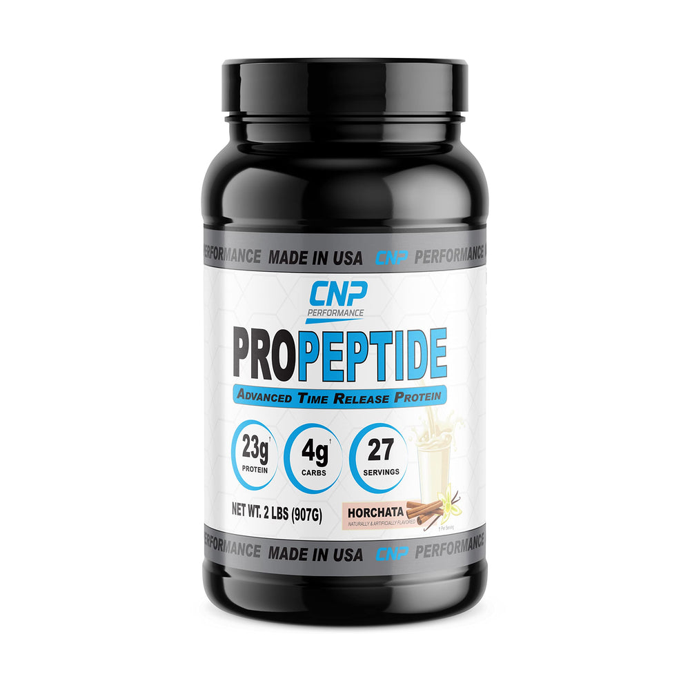 CNP ProPeptide Horchata tub front view highlighting protein profile for recovery support