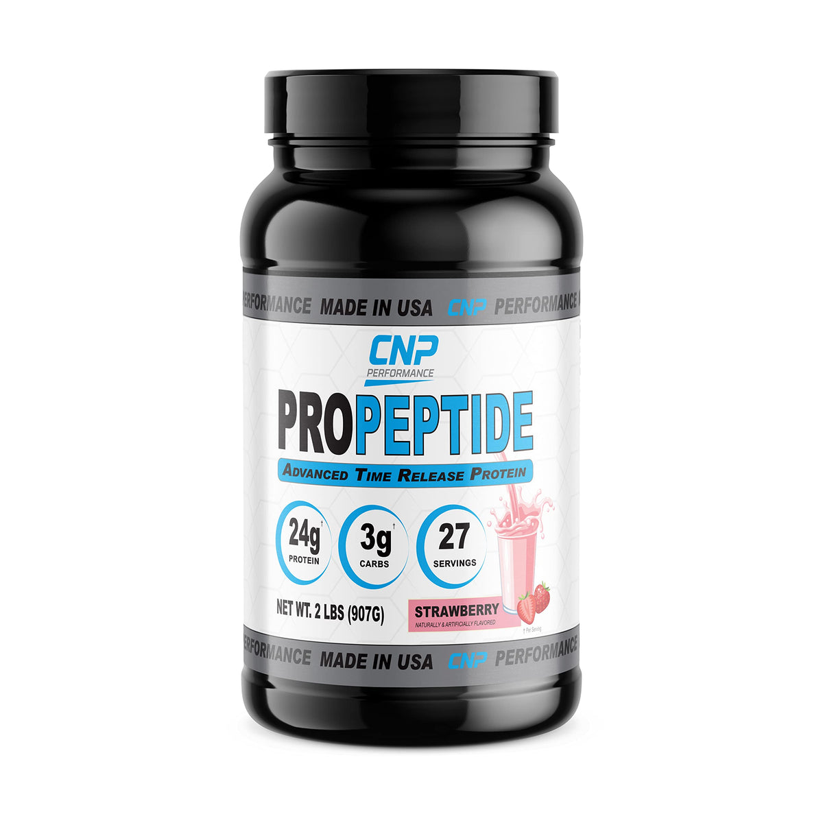 CNP ProPeptide strawberry bottle showcases high-protein formula for post-workout recovery