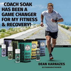 Three-pack Coach Soak display highlighting multiple scents for recovery routines.