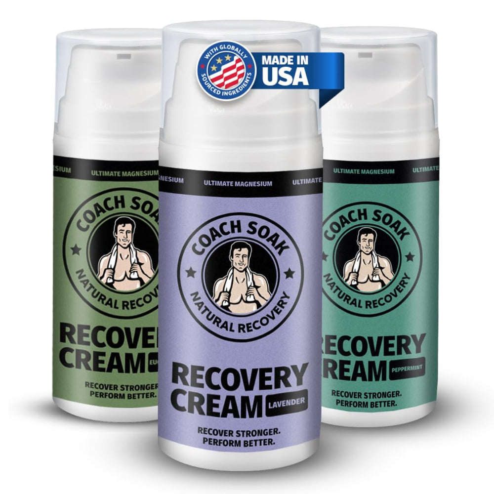 Coach Soak magnesium lotion bottle showing fast absorption for post-workout relief.