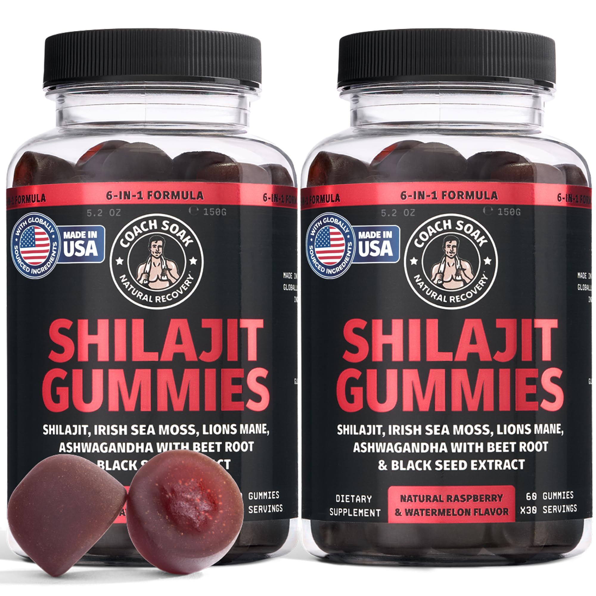 Coach Soak Shilajit Gummies raspberry-watermelon bottle boosts daily energy and focus