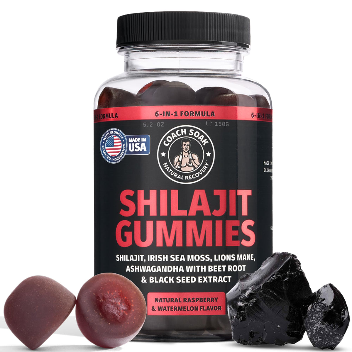 Coach Soak Shilajit Gummies Raspberry Watermelon bottle supports on-the-go energy and focus.