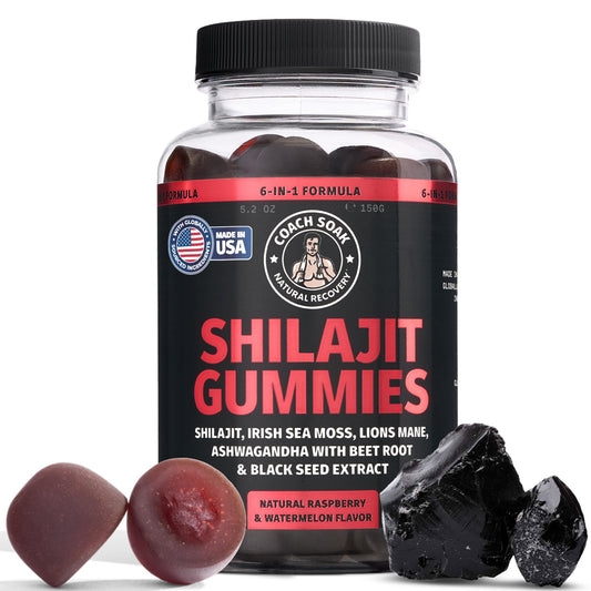 Coach Soak Shilajit Gummies Raspberry Watermelon bottle supports on-the-go energy and focus.