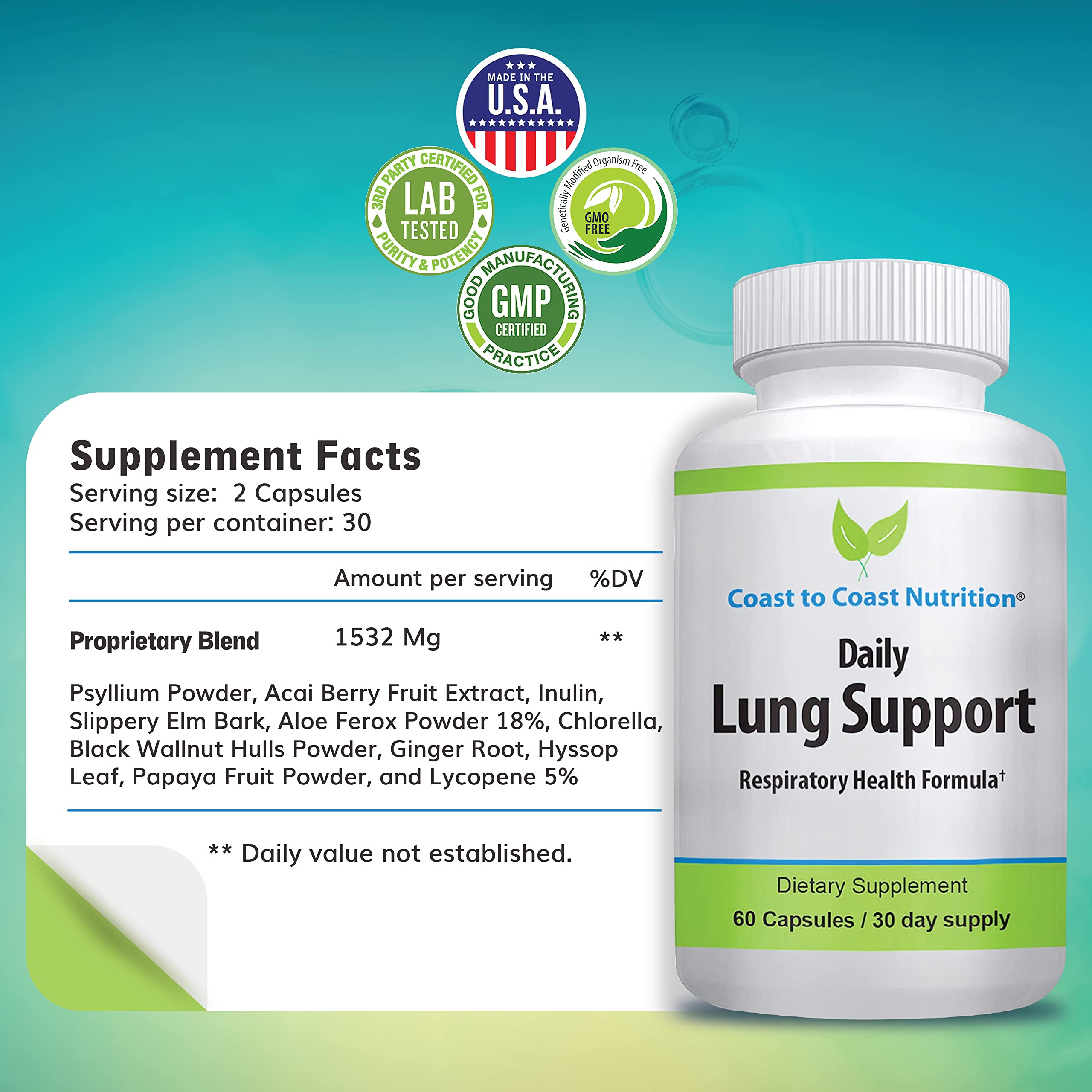 Coast to Coast Nutrition Daily Lung Cleanser capsules spread for dosing convenience.