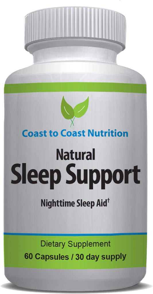 Coast to Coast Nutrition Sleep Support bottle on nightstand promotes nightly relaxation.