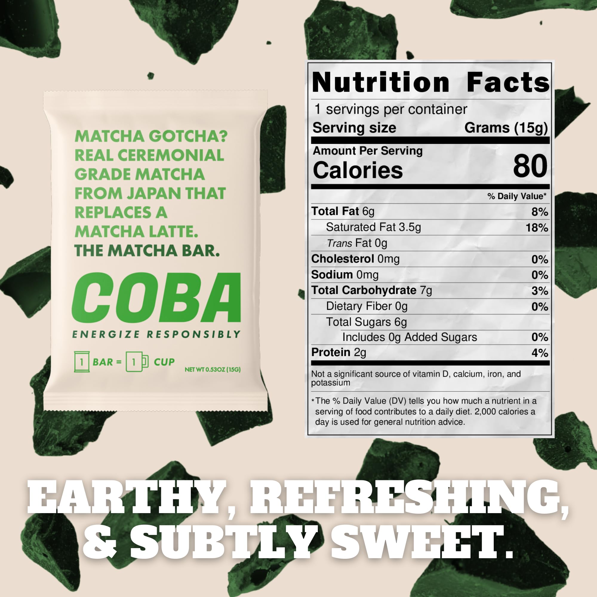 COBA matcha chocolate bar highlighting antioxidant energy for daily routines