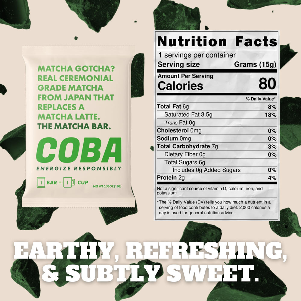 COBA matcha chocolate bar highlighting antioxidant energy for daily routines
