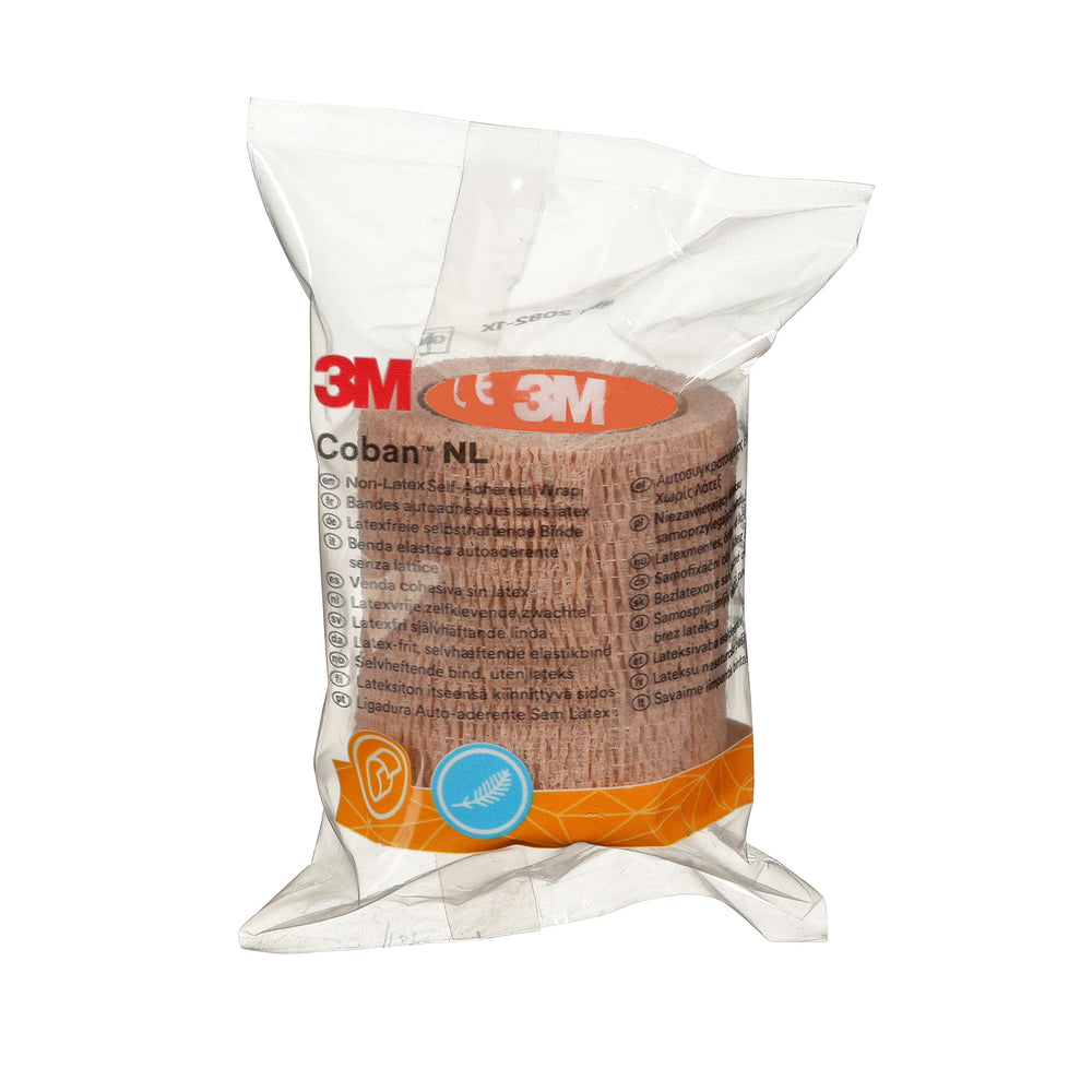 Coban NL non-latex wrap with hand tear secures dressings without sticking to skin.