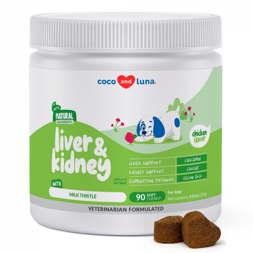 Coco and Luna Milk Thistle for Dogs soft chews front label highlighting liver support.