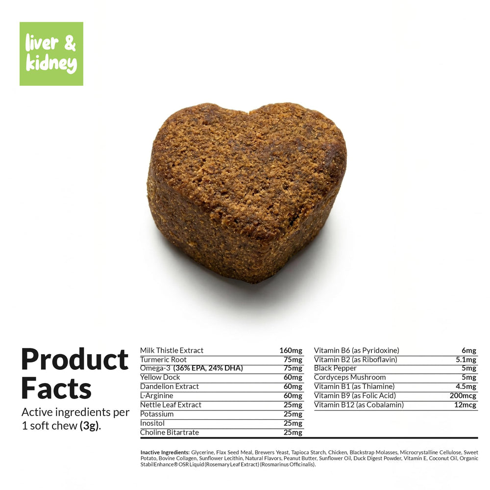 Coco and Luna Soft chews close-up texture suggests palatable liver and kidney support.
