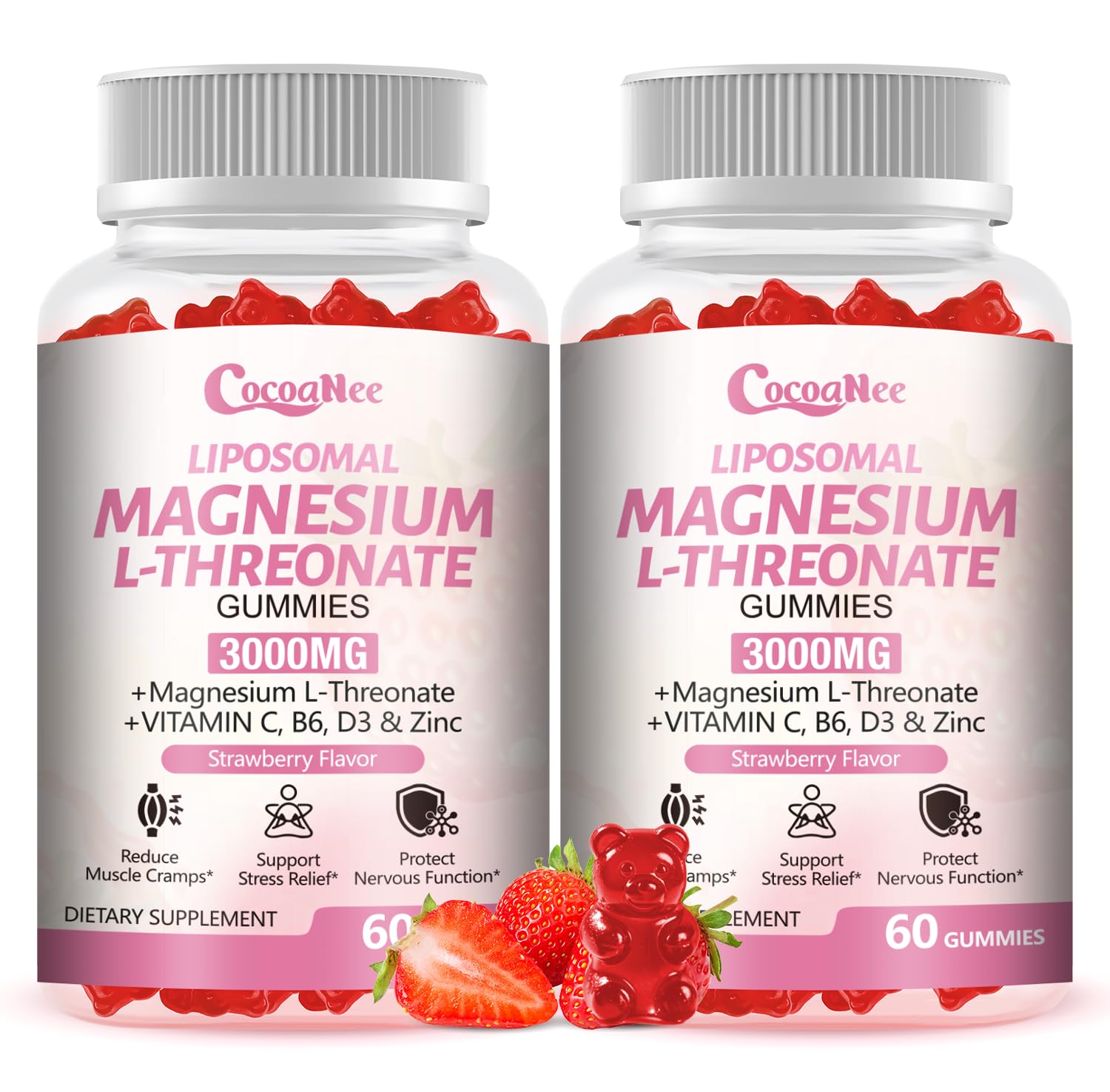 CocoaNee gummies bottle highlighting high-absorption liposomal magnesium threonate for focus