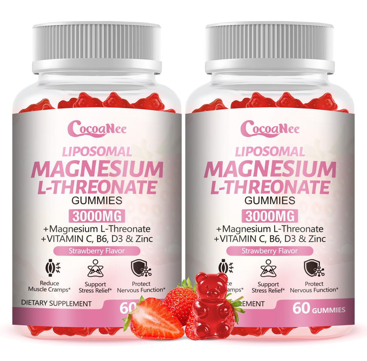 CocoaNee gummies bottle highlighting high-absorption liposomal magnesium threonate for focus