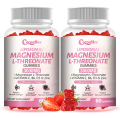 CocoaNee gummies bottle highlighting high-absorption liposomal magnesium threonate for focus