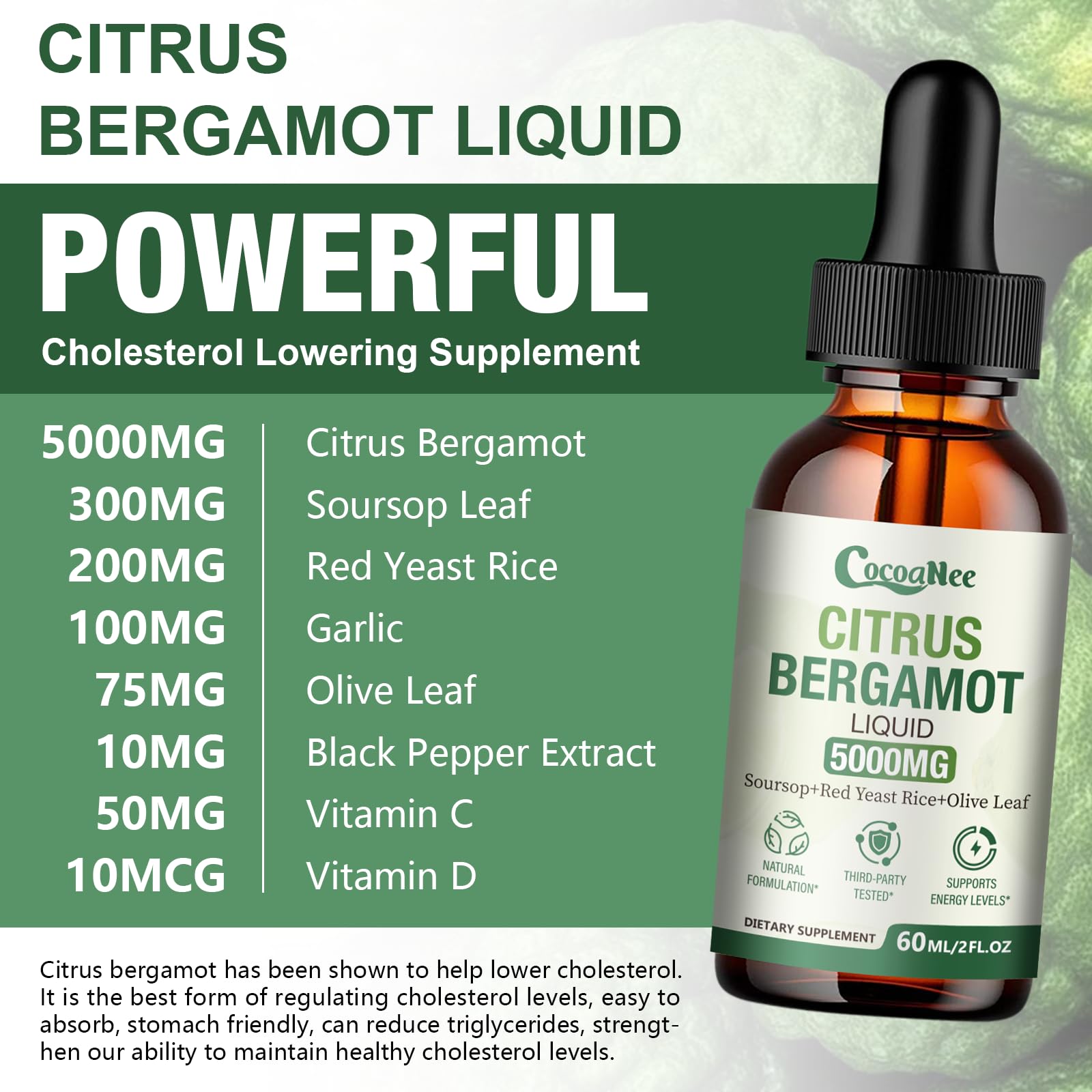 CocoaNee bergamot extract 25-1 liquid focus showcasing polyphenol content for antioxidant support