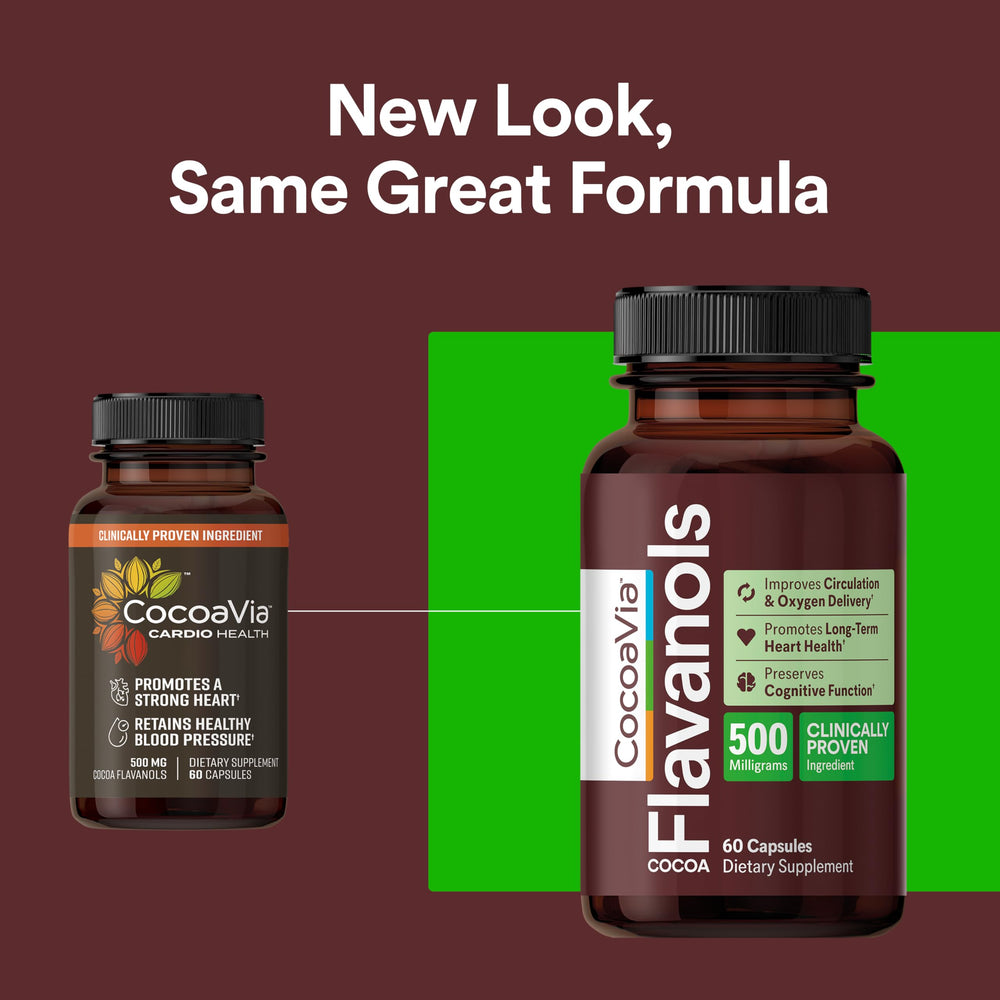 CocoaVia bottle label close-up showcases vegan, cocoa flavanol formulation for cardiovascular wellness.