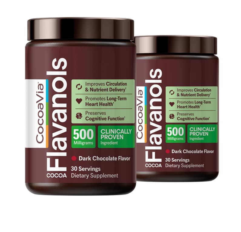 CocoaVia cardio health cocoa powder tub showing convenient daily supplement for heart support.