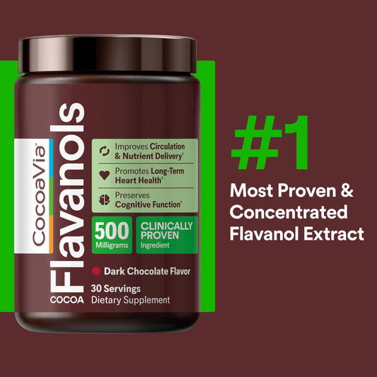 CocoaVia cocoa flavanols scoop highlights daily dose for circulation and energy support.