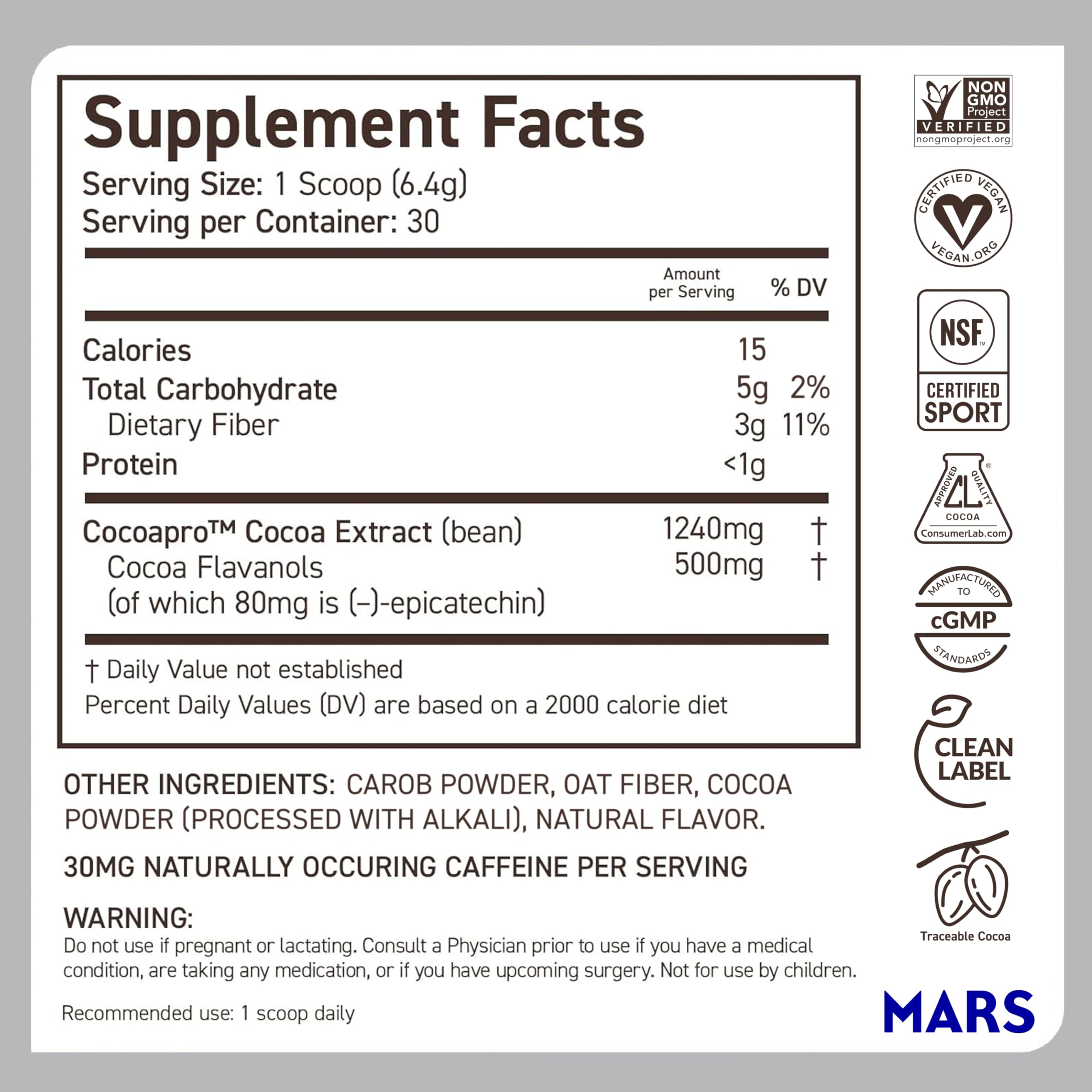 CocoaVia label closeup highlighting 500 mg cocoa flavanols per serving.