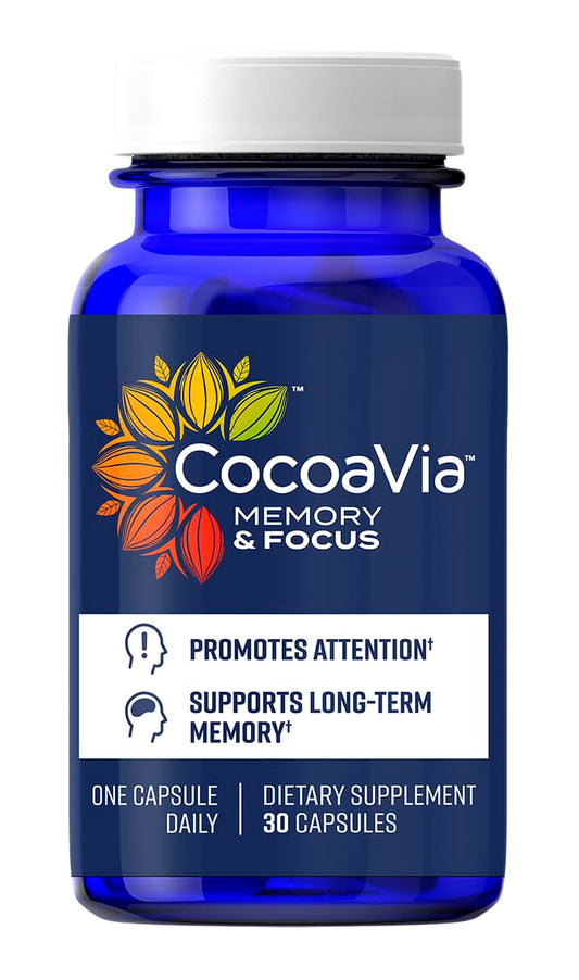 CocoaVia memory-focus bottle illustrates daily cognitive support potential and focus