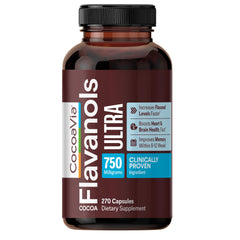 CocoaVia Ultra 750mg bottle highlighting cocoa flavanols for heart and brain support.